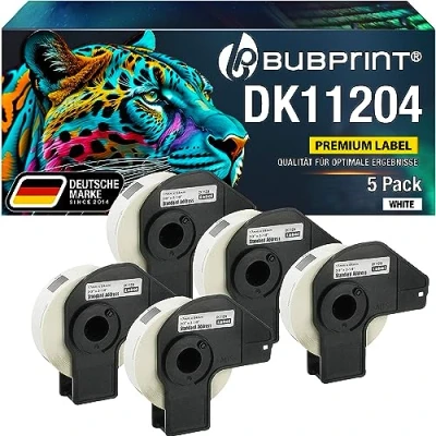 Abbildung von Bubprint 5 Etiketten kompatibel als Ersatz für Brother DK 11204 P Touch QL1050 QL1060N QL500 QL550 QL560 QL570 QL580N QL700 QL710W QL720NW 17x54mm