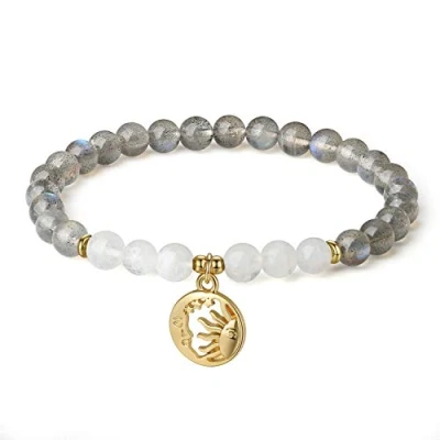Abbildung von COAI Geschenkideen Damen Armband aus Labradorit und Mondstein mit Sonne Mond Charm Yoga