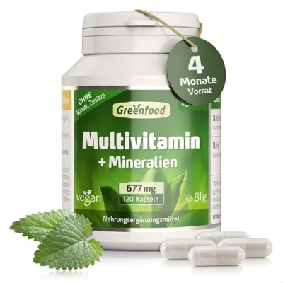 Abbildung von Multivitamin Kapseln Hochdosiert 677 mg Vitamine, Mineralien und Spurenelemente pro Tag (120 vegane Kapseln) A bis Z Vitamine für den optimalen Tagesbedarf ohne Zusätze &amp; Gentechnik Greenfood