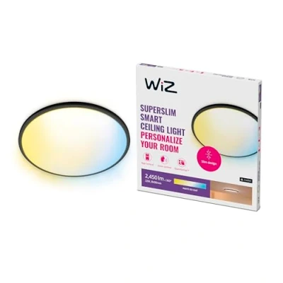 Abbildung von WiZ Tunable White Superslim Deckenleuchte (22 W, Ø 43 cm), LED Leuchte mit warm bis kaltweißem dimmbarem Licht, smarte Lichtsteuerung über WLAN per Stimme/App, schwarz
