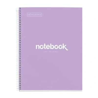 Abbildung von Miquelrius Notizbuch A4 Notebook, 1 farbiger Streifen, 80 Blatt mit raster 5 x mm, Papier 90 g/m² mikroperforiert 4 Bohrungen für Ringe, Einband aus Karton, Farbe Lavendel