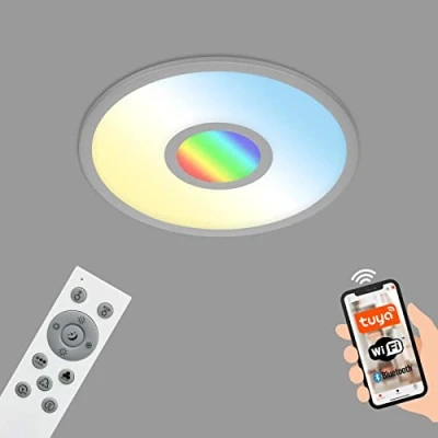 Abbildung von Briloner Leuchten Smarte LED Deckenleuchte, Wifi Deckenlampe mit RGB Centerlight, CCT, Dimmbar, Sprachsteuerung, Silberfarbig, 450x60 mm