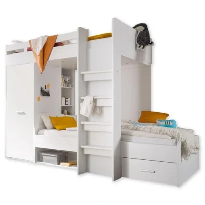 Abbildung von Stella Trading Maxi Modernes Hochbett mit Schrank &amp; 2X Liegeflächen 90 x 200 cm Platzsparendes Kinder Etagenbett Optik, Beton/Weiß, 269 180 115