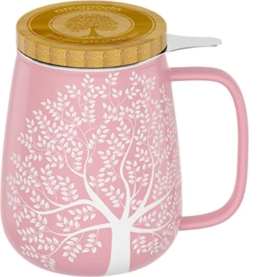 Abbildung von amapodo Teetasse mit Deckel und Sieb 600ml Porzellan Tee Tasse groß Jumbotasse XXL Tea Cup Set Rosa plastikfrei