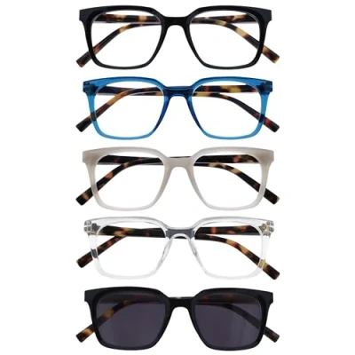 Abbildung von OPULIZE KOI Lesebrille &amp; Sonnenleser 5er Pack Rechteckiges Gestell Schwarz Blau Grau Klar Damen Herren Federscharniere RRRR50 57CQ +1.00