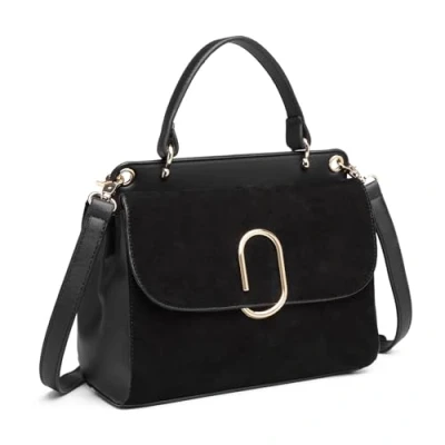 Abbildung von Miss Lulu Damen Umhängetasche Mittelgroß Top Griff Tasche mit Kunstleder und Wildleder Vintage Flap Handtasche Crossbody Bag ovaler Metallverzierung Elegant Exquisit