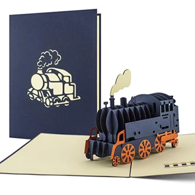 Abbildung von Lokomotive als Pop Up Karte Geschenk oder Geburtstagskarte für Dampflok Liebhaber, Glückwunschkarte in 3D, Bahn Geschenkidee, zum Geburtstag, Reisegutschein, Bahnreise, begeistert T09