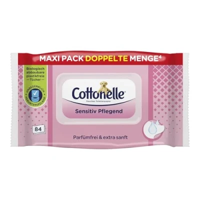 Abbildung von Cottonelle Feuchtes Toilettenpapier, Sensitive Pflegend Parfümfrei, Biologisch Abbaubar, Plastikfrei, Wiederverschließbar, 1 x 84 Feuchttücher (Einzelpack)