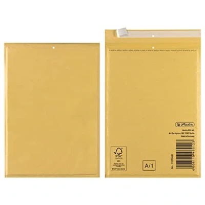 Abbildung von Luftpolstertasche A, Herlitz, Papier FSC Mix Credit, PE Folie, Außenmaß 12,5 x 17 cm, Innenmaß 10,5 16 haftklebend (Trifix), braun, 4er Packung, eingeschweißt