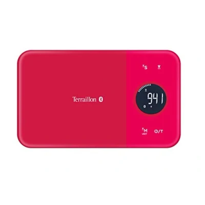 Abbildung von Terraillon Küchenwaage, Mit Smartphone/Tablet verbindbar, Berechnung der Energieaufnahme, Tara Funktion, Flüssigkeitsanzeige, Timer, Bluetooth Smart, 5 kg, NutriTab, Cranberry Rot
