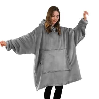 Abbildung von Good Nite Decke mit Ärmeln für Frauen und Männer Sherpa kuscheldecke Tragbare Decken Adult Cosy Sweater Warm Übergroßer hoodie Taschen Grau （80x85cm）