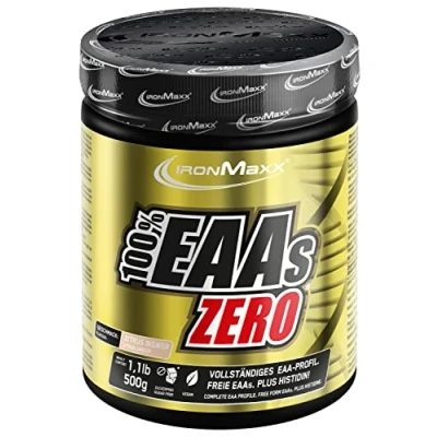 Abbildung von IronMaxx 100% EAAs Zero Zitrus Ingwer 500g Dose EAA Pulver, vegan und zuckerfrei mit allen 8 essentiellen Aminosäuren fruchtiger Geschmack, frei von Konservierungsstoffen