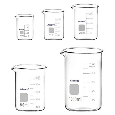 Abbildung von Labasics Labor Becherglas Set, Borosilikatglas Griffinbecher mit Graduierung in Niedriger Form 5 Größen, 50ml/100ml/250ml/500ml/1000ml (1L), Kombipackung