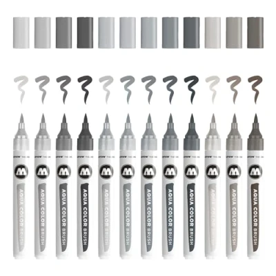 Abbildung von Molotow Aqua Color Brush (Brush Pen Marker Grey Set, Pinsel Spitze für Aquarellieren und Handlettering) 12 Stück sortiert