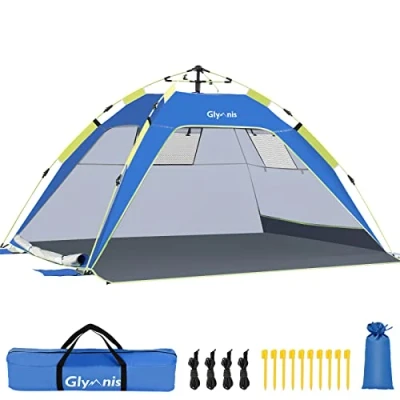 Abbildung von Glymnis Strandmuschel Quick Up Strandzelt Automatisches Strand Zelt mit Reißverschlusstür UV Schutz 50+ Windschutz kleines Packmaß für 3 bis 4 Personen