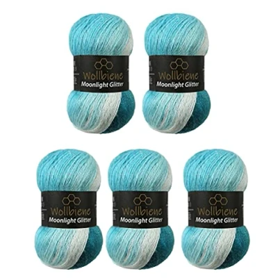 Abbildung von Moonlight Glitter Batik Simli 5 x 100g Strickwolle 500 Gramm Wolle zum Stricken und Häkeln 20% Metallic türkische Farbverlaufswolle Glitzerwolle (5200 petrol türkis weiß)