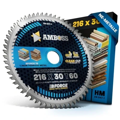 Abbildung von HM Kreissägeblatt 216x30 Z60 Trapez Flachzahn für Aluminium. AMBOSS WERKZEUGE® Sägeblatt 216mm komp. zu Metabo TS 216 Bosch GCM 8. 800 SJ. PCM 8.GCM 305 D. Bosch. Festool. Makita. Hitachi uvm.