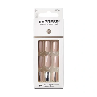 Abbildung von KISS imPRESS Press On Manicure, Cloudy, mittellang, quadratisch, mit PureFit Technologie, enthält Reinigungspad, Mini Feile, Manikürstäbchen und 30 künstliche Nägel