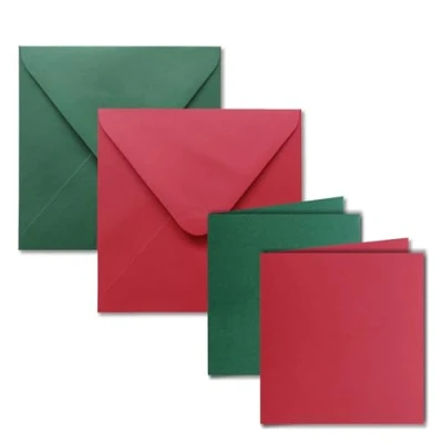 Abbildung von 50x quadratisches Falt Karten Set inklusive Brief Umschläge Blanko Einladungskarten in Rot und Grün 135 x mm (13,5 13,5 cm) Klappkarten