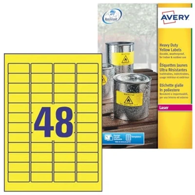 Abbildung von AVERY Zweckform L6103 20 Wetterfeste Folienetiketten (960 Signalaufkleber, 45,7x21,2mm auf A4, extrem stark selbstklebend, wasserfest, strapazierfähig, bedruckbare Outdoor Klebefolie) Blatt, gelb