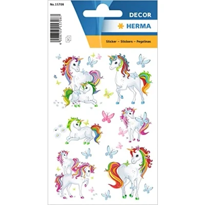 Abbildung von HERMA 15708 Aufkleber Einhorn klein groß, 51 Stück, Tiere Sticker mit Einhörner Schmetterlinge Motiv, Kinder Etiketten für Fotoalbum Tagebuch Poesiealbum Scrapbooking Geburtstag Deko Briefe DIY