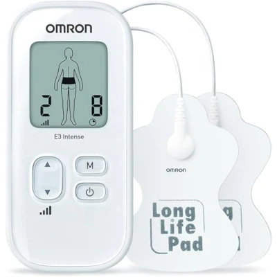 Abbildung von OMRON E3 Intense TENS Gerät Anpassbare Schmerztherapie mit 6 Programmen, 3 Massage 15 Intensitätsniveaus und langlebigen, wiederverwendbaren waschbaren Pads
