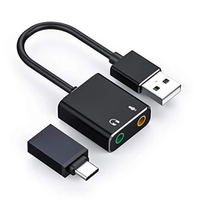 Abbildung von USB Audioadapter Externe Stereo Soundkarte mit 3,5 mm Kopfhörer und Mikrofonbuchse, geeignet für Windows, Mac, Linux, PC, Mobiltelefon, Laptop, Desktop (mit Typ C Adapter)