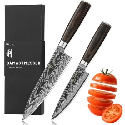 Abbildung von Wakoli EDIB Essentials 2er Set Damastmesser 30 cm und 24 Profi Santoku Küchenmesser 67 Lagen Damaststahl Pakkaholzgriff Inklusive Geschenkbox Fingerschutz