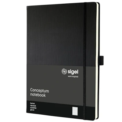 Abbildung von SIGEL CO115 Premium Notizbuch kariert, A4+, Hardcover, schwarz, aus nachhaltigem Papier Conceptum mit Seitenzahlen, Inhaltsverzeichnis, Stiftschlaufe, Falttasche