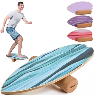 Abbildung von POWRX Surf Balance Board Holz/Balance Skateboard inkl. Rolle Koordinationstraining für Surfbrett, Surfboard, Skateboard, Sport Board, Kraft und Gleichgewichtstrainer Indoor Outdoor
