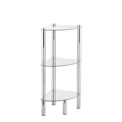 Abbildung von WENKO Eckregal Mod. Yago mit 3 Glasablagen, Badregal für Ecken aus Edelstahl und Glas, 30 x 74 cm, platzsparende Aufbewahrung im Bad