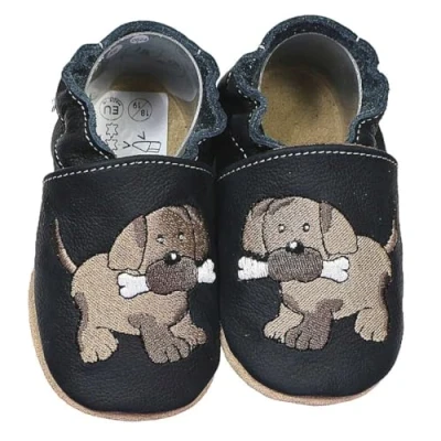 Abbildung von HOBEA Germany Krabbelschuhe für Jungs und Mädchen in verschiedenen Designs, Kinderhausschuhe Jungen, Lederschuhe, Schuhgröße: 22/23, Modell Schuhe: Hund schwarz