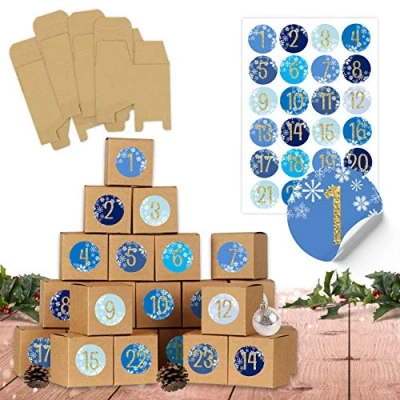 Abbildung von Papierdrachen Adventskalender 2024 Schachteln zum Befüllen 24 Kisten für Kinder Blau braune aus 400g/m² Karton Dekorieren Wiederverwendbare Boxen Weihnachten