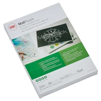 Abbildung von GBC Laminierfolien A4 Matt 125 mic, Beschriftbare Oberfläche, Robuste Laminiertaschen im 100er Pack, Glänzend, Transparent, Ideal für Büro &amp; Schule, 3747241
