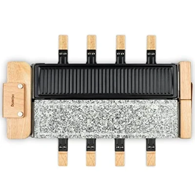 Abbildung von H.Koenig Raclette Gerät für 8 Personen, WOD360, Stein Granit und Naturholz, 180 drehbar, abnehmbare Platten, Pfannen Pfannenwender aus Holz, 1400 W