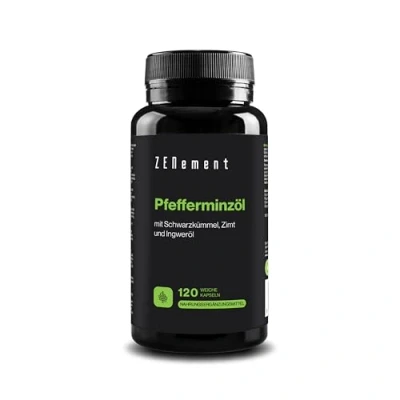 Abbildung von Pfefferminzöl mit Schwarzkümmelöl, Zimt und Ingwer 120 Kapseln, Synergetische Formel 500mg, Verdauungsgesundheit, 40% Menthol, 20% Menthon, 100% Natürlich Zenement