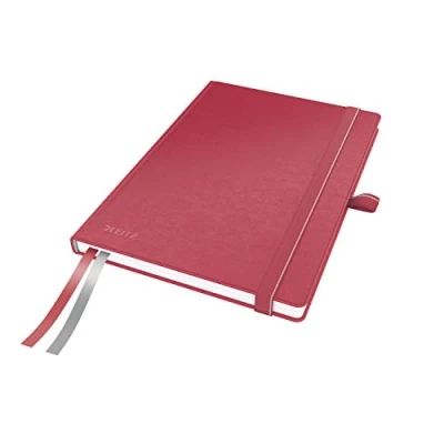 Abbildung von Leitz Complete Qualitäts Notizbuch A5 kariert, 160 Seiten, 80 Blatt, Hardcover Mit hochwertigem Einband, 100 g/m² Papier, Gummizugverschluss, Textilbänder, Stiftelasche, Tasche, Rot, 44770025
