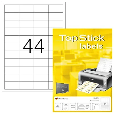 Abbildung von TopStick 8731 Universal Etiketten, 100 Blatt, 48,3 x 25,4 mm, 44 pro A4 Bogen, 4400 Stück, selbstklebend, bedruckbar, matt, blanko Papier Klebeetiketten Aufkleber, weiß