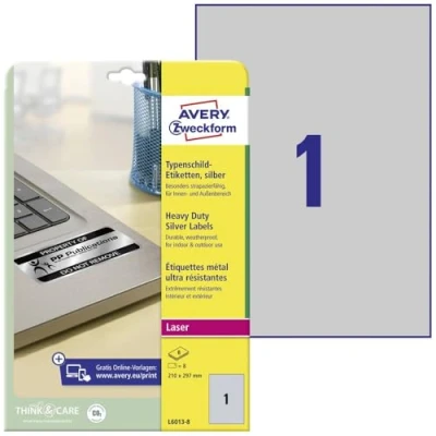 Abbildung von AVERY Zweckform L6013 8 Typenschild Folienetiketten (8 Aufkleber, 210x297mm auf A4, stark selbstklebend, strapazierfähig, wetterfest, bedruckbare Klebefolie, blanko) Blatt, silber