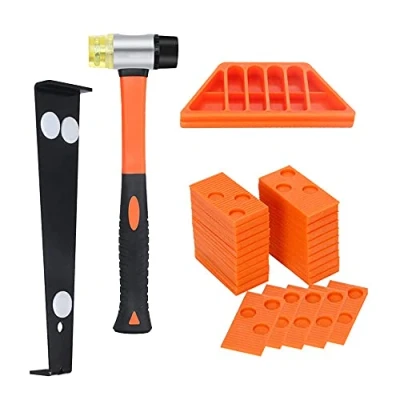 Abbildung von Bodenbelag Set, Laminat Holzbodenbelag, Montageset mit 40 Abstandshaltern, Doppelköpfiger Hammer, Gewindebohrer und Zugstange (Orange)