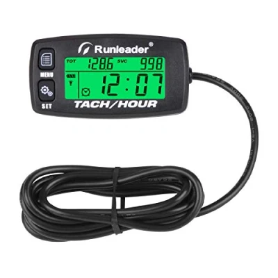 Abbildung von Runleader Betriebsstundenzähler Drehzahlmesser, Wartungserinnerung, Alarmdrehzahl, voreingestellte Anfangsstunden für ZTR Mähergenerator Marine ATV und gasbetriebenes Gerät.(button BK)