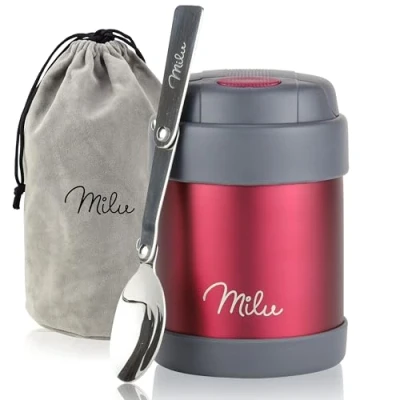 Abbildung von Milu® Thermobehälter für Essen Kinder 300ml, Edelstahl Warmhaltebehälter mit Löffel, Thermobecher 100% Auslaufsicher, Thermo Lunchbox, Thermobox Suppen, Babybrei, Speisebehälter Berry, 300ml