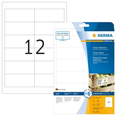 Abbildung von HERMA 10907 Power Etiketten, 25 Blatt, 97 x 42,3 mm, 12 pro A4 Bogen, 300 Stück, selbstklebend, bedruckbar, extrem stark haftend, blanko Papier Klebeetiketten Aufkleber, weiß