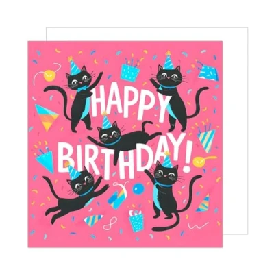 Abbildung von Edition Seidel Premium quadratische Geburtstagskarte mit Umschlag. Glückwunschkarte Happy Birthday Billet Karte für Mann Frau Kind Katzen Partyhut rosa blau (GQ306 SW024)