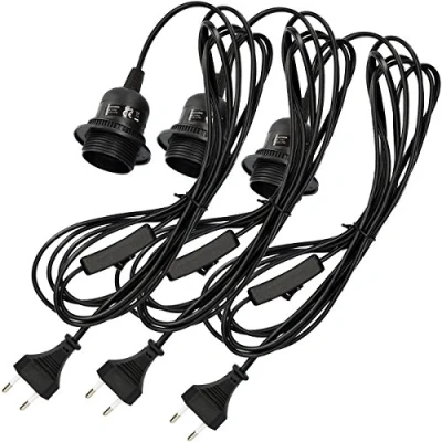 Abbildung von kwmobile 3x E27 Lampenfassung mit Schalter Fassung Schwarz 3,5m Netzkabel Schraubring Lampenaufhängung Pendelleuchte Hängelampe