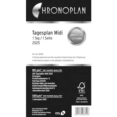 Abbildung von Chronoplan 50225 Kalendereinlage 2025 (Tagesplan Midi (96x172mm), Ersatzkalendarium für Terminplaner, Tagesplaner, ideal detaillierte Tagesplanung, 1 Tag auf Seite, mit Universallochung) weiß