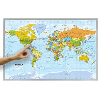 Abbildung von ORBIT Globes &amp; Maps Weltkarte Kork auf Pinnwand mit Holzrahmen (silber) 90 x 60 cm, deutsch Fähnchen und Pins sowie Befestigungsmaterial