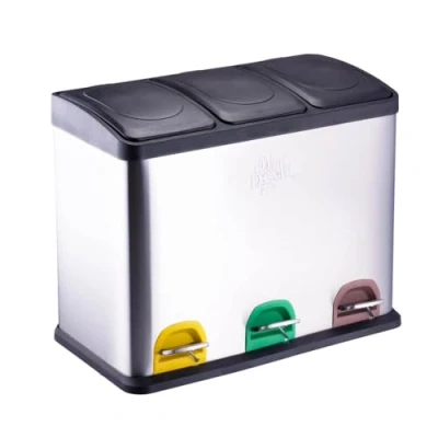 Abbildung von Dirt Devil Tretmülleimer 3 x 15L Mülltrennsystem mit Fächer Abfalleimer Küche Mülleimer Soft Close Deckel 59 30 47.5 CM Treteimer aus Edelstahl Silber