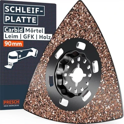 Abbildung von Presch Starlock Schleifplatte 90mm Robuste Multitool dank Carbid Beschichtung &amp; 20er Körnung Starker Abtrag bei Mörtel Fliesenkleber Delta Form für exaktes Schleifen bis in Ecken