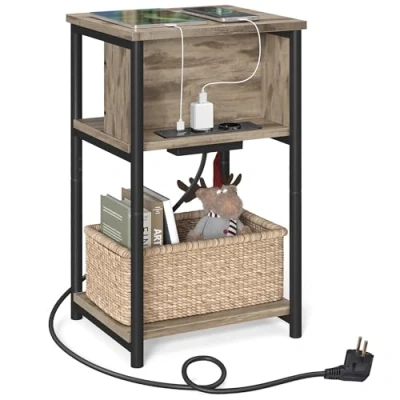 Abbildung von VASAGLE Beistelltisch, Nachttisch mit Steckdose, schmal, 2 AC Anschlüsse, USB 30 x 34 58 cm, für Wohnzimmer, Schlafzimmer, haselnussbraun schwarz LET375K01